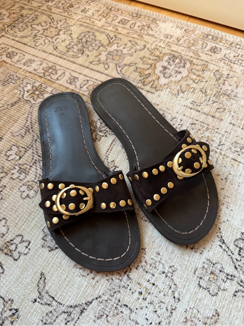 Zara Brown Suede Slide Sandals with Gold Studs
